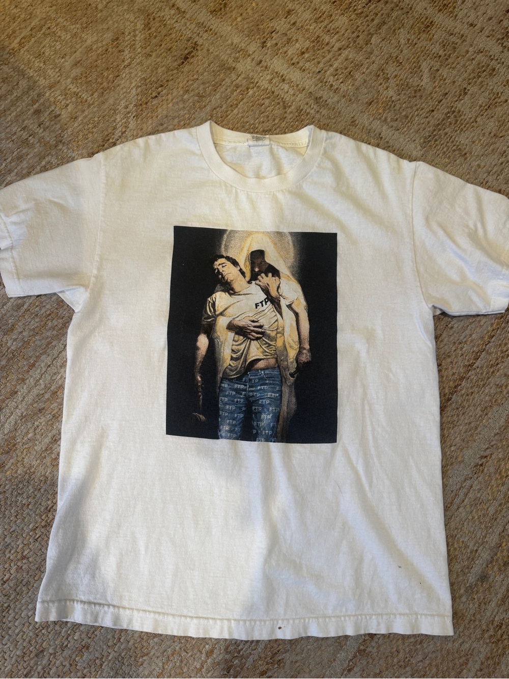 FTP White Short Sleeve Tee with Religious-Style Graphic “RARE”
